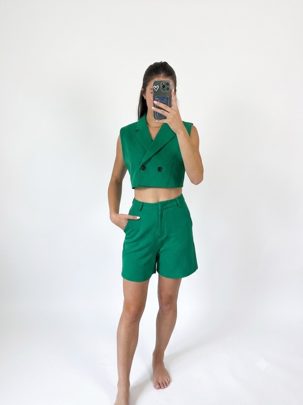 Women's High-Rise Emerald Green Bermuda Shorts and Top